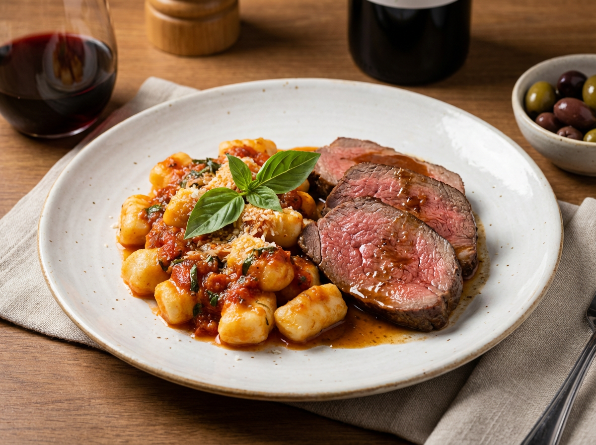 Carne assada com nhoque