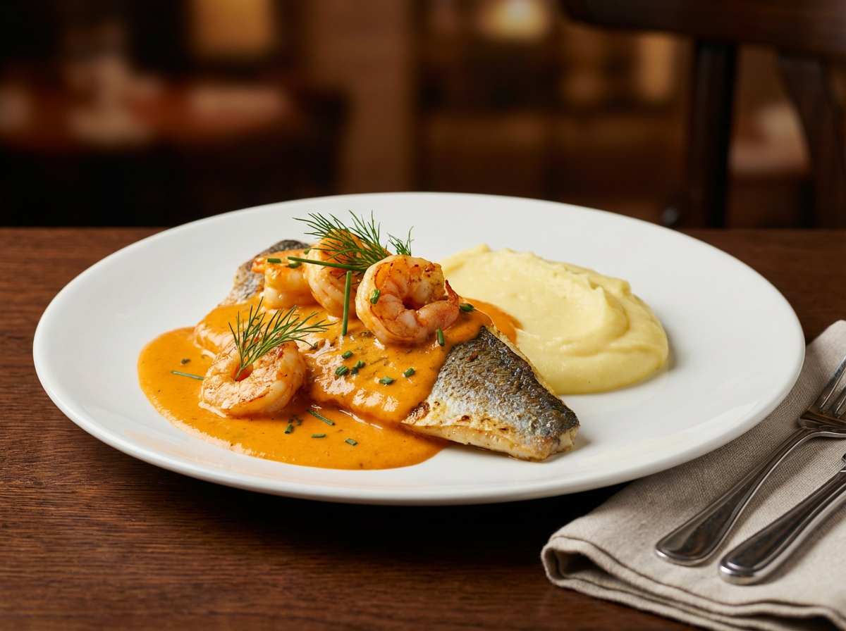 Filé de peixe com molho de camarão e purê